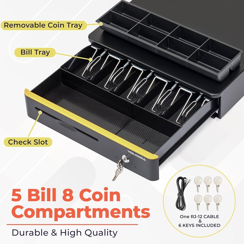 Volcora Cash Register Drawer for Point of Sale POS System with Round Corners 16", Removable Coin Tray, 5 Bill 8 Coin, 12-24V RJ11/12 Key-Lock Media Slot, Money Drawer for Business, Yellow Bar/Black - Image 3